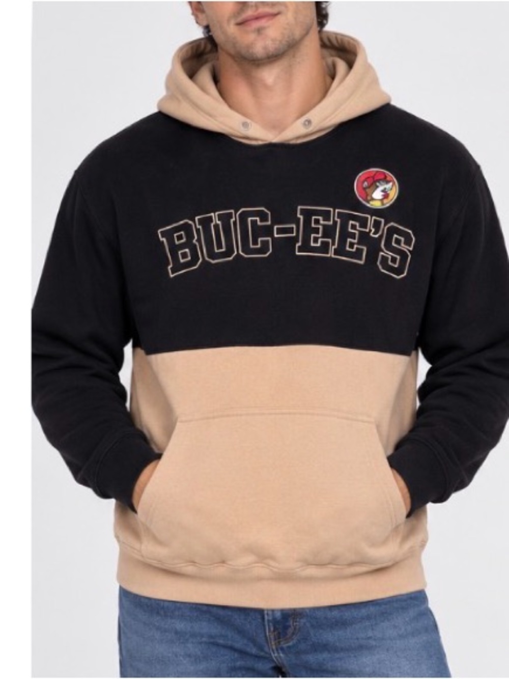 Buc-ee’s Black & Tan Color Block Pullover Hoodie Beaver Logo men's ZX no string